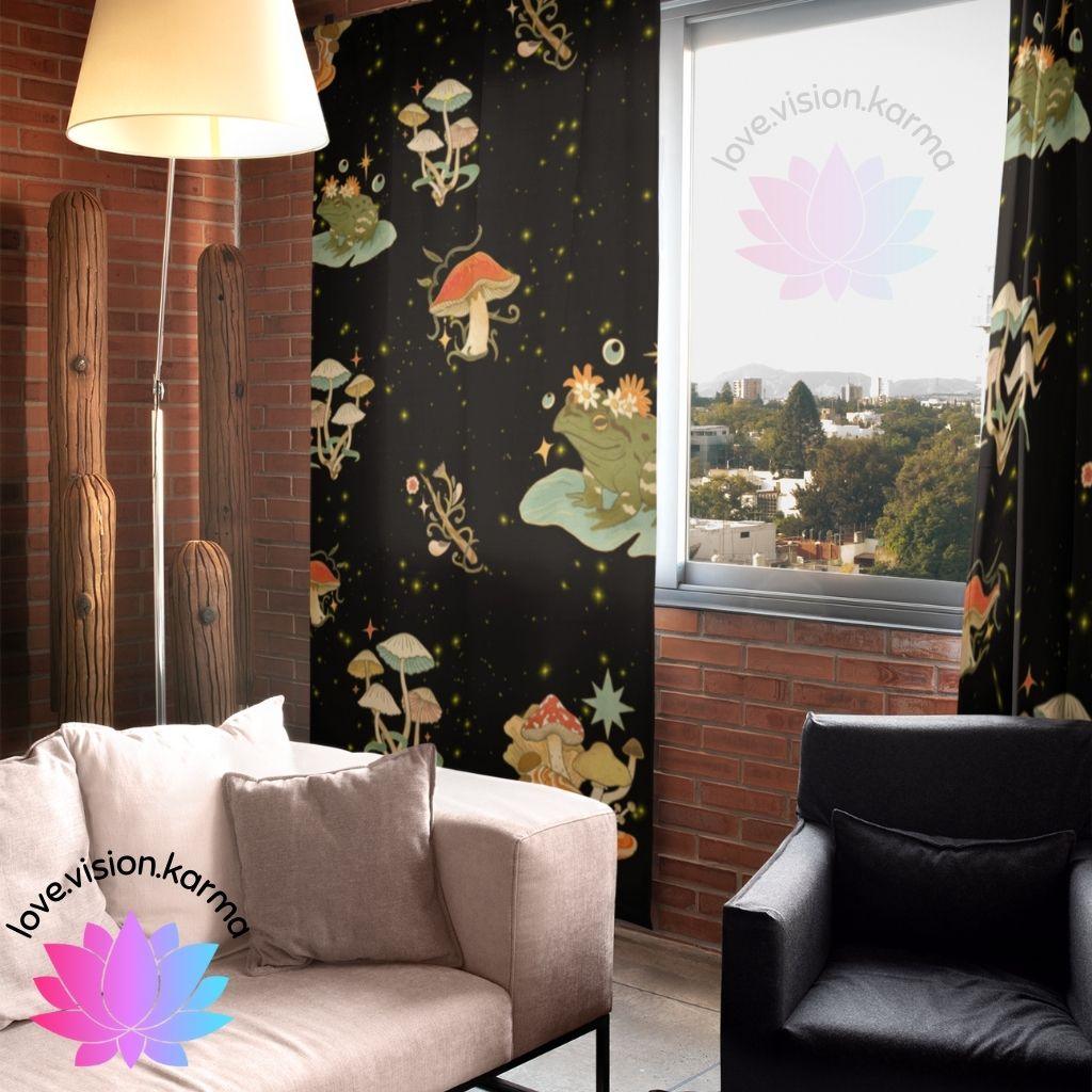 Boho Celestial Mushroom and Frog Multicolor Curtain Panels | lovevisionkarma.com