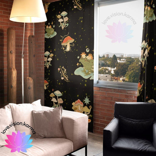 Boho Celestial Mushroom and Frog Multicolor Curtain Panels | lovevisionkarma.com