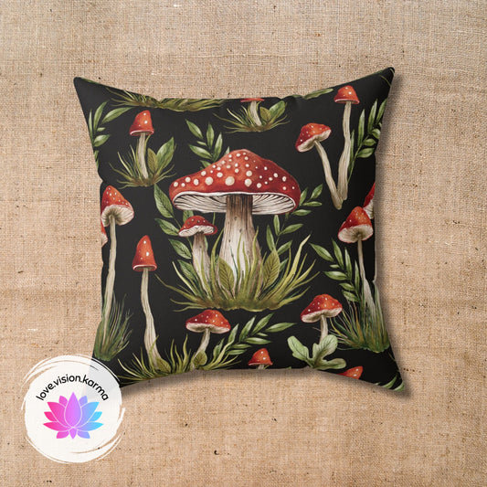 Amanita Muscaria Mushroom, Dark Cottagecore Watercolor Black, Red & Green Throw Pillow