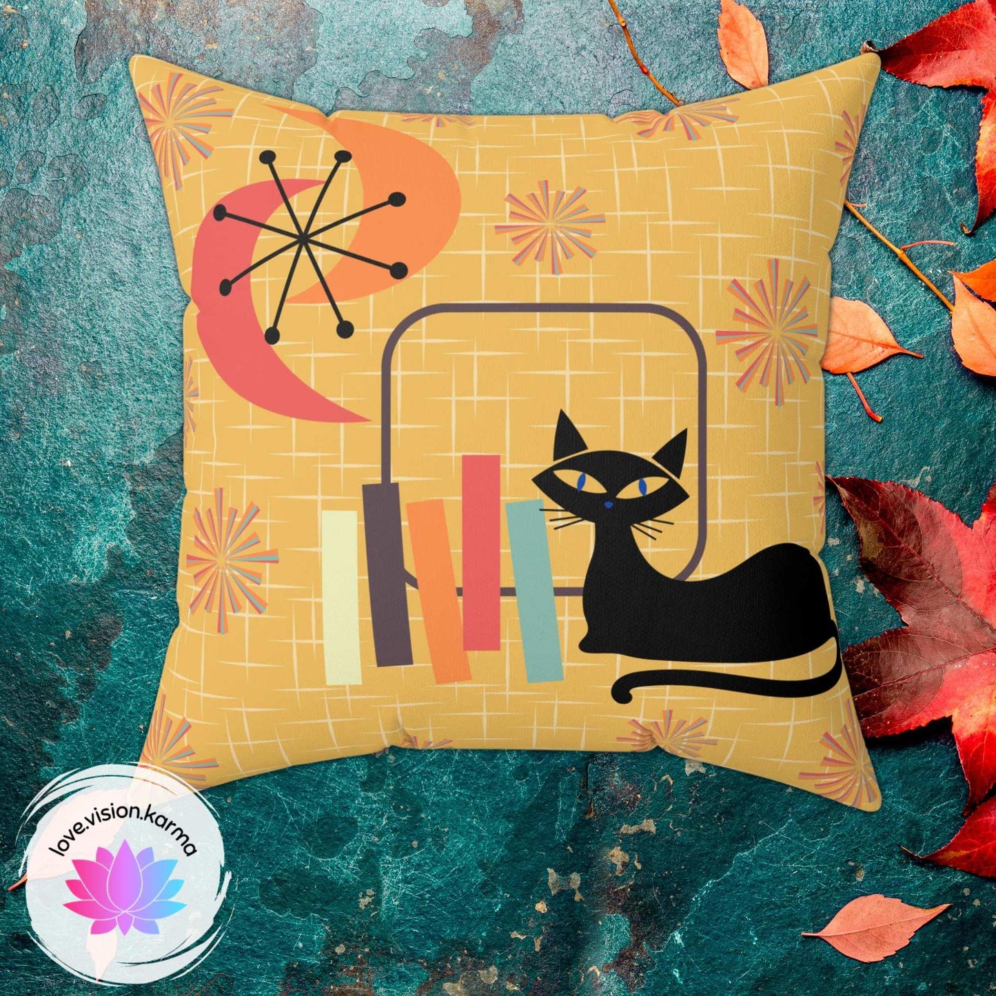Atomic Cat Mid Century Mod Starburst Retro Yellow Multicolor Throw Pillow | lovevisionkarma.com