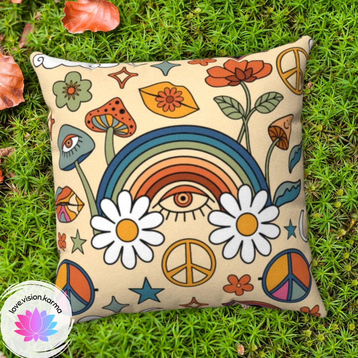 Boho Flowers, Trippy Mushroom Hippie Cottagecore Multicolor Pillow