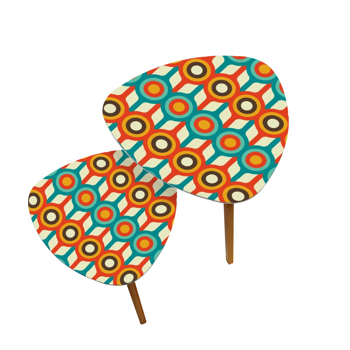 Retro 50s 60s Mid Century Mod Geometric Circles Blue, Orange & Brown Nesting Accent Tables