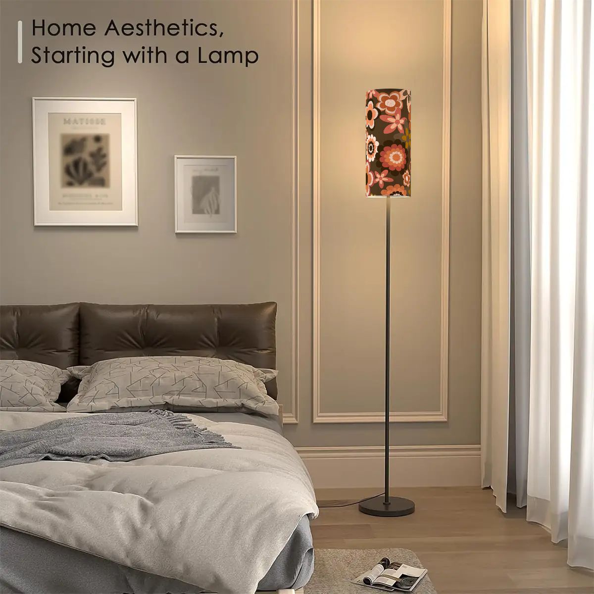 Retro 60s 70s Groovy Flowers Boho MCM Brown Floor Lamp