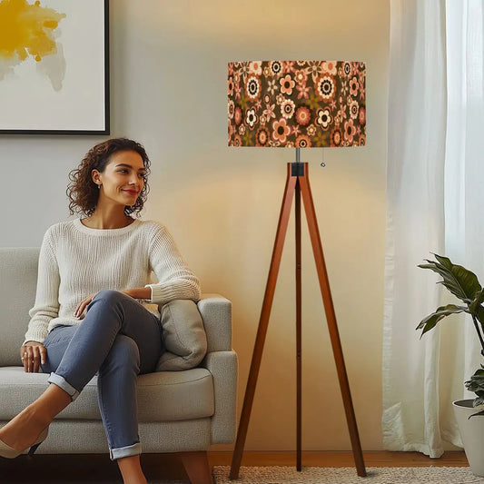 Retro 60s 70s Groovy Flowers Boho MCM Brown Tripod Floor Lamp