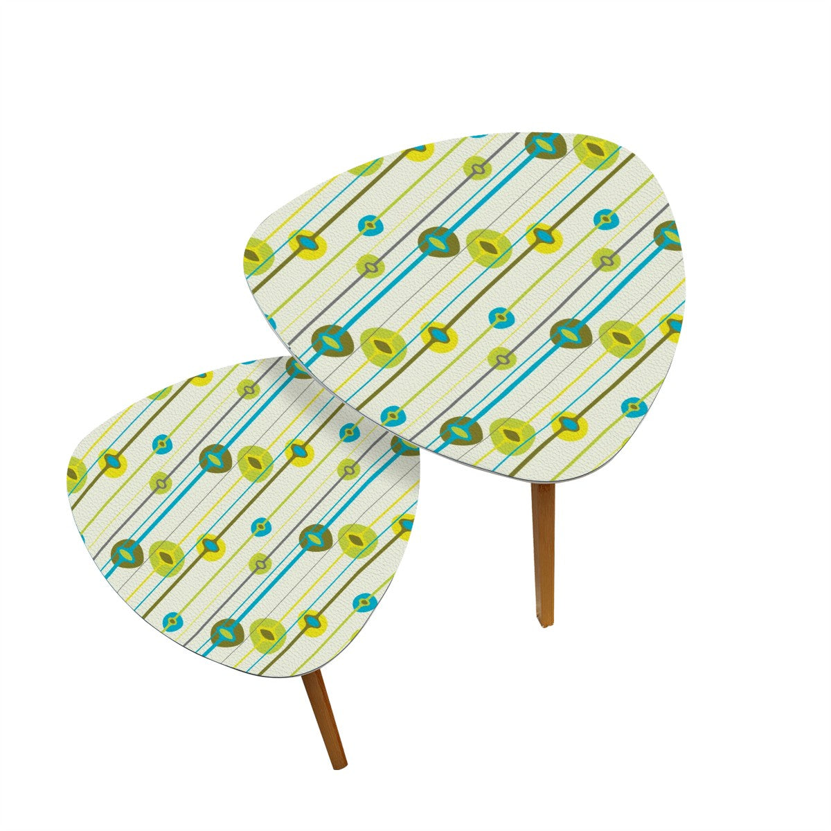 Retro 50s Lines and Orbs Mid Century Modern Blue & Green Nesting Accent Tables