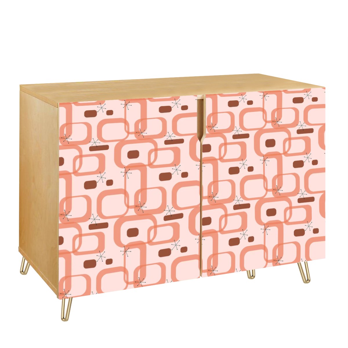 Retro 50s 60s Pink Mod Links and Bursts Mid Century Modern Sideboard, Credenza, Wooden Storage Cabinet