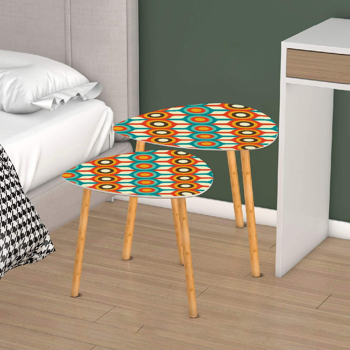 Retro 50s 60s Mid Century Mod Geometric Circles Blue, Orange & Brown Nesting Accent Tables