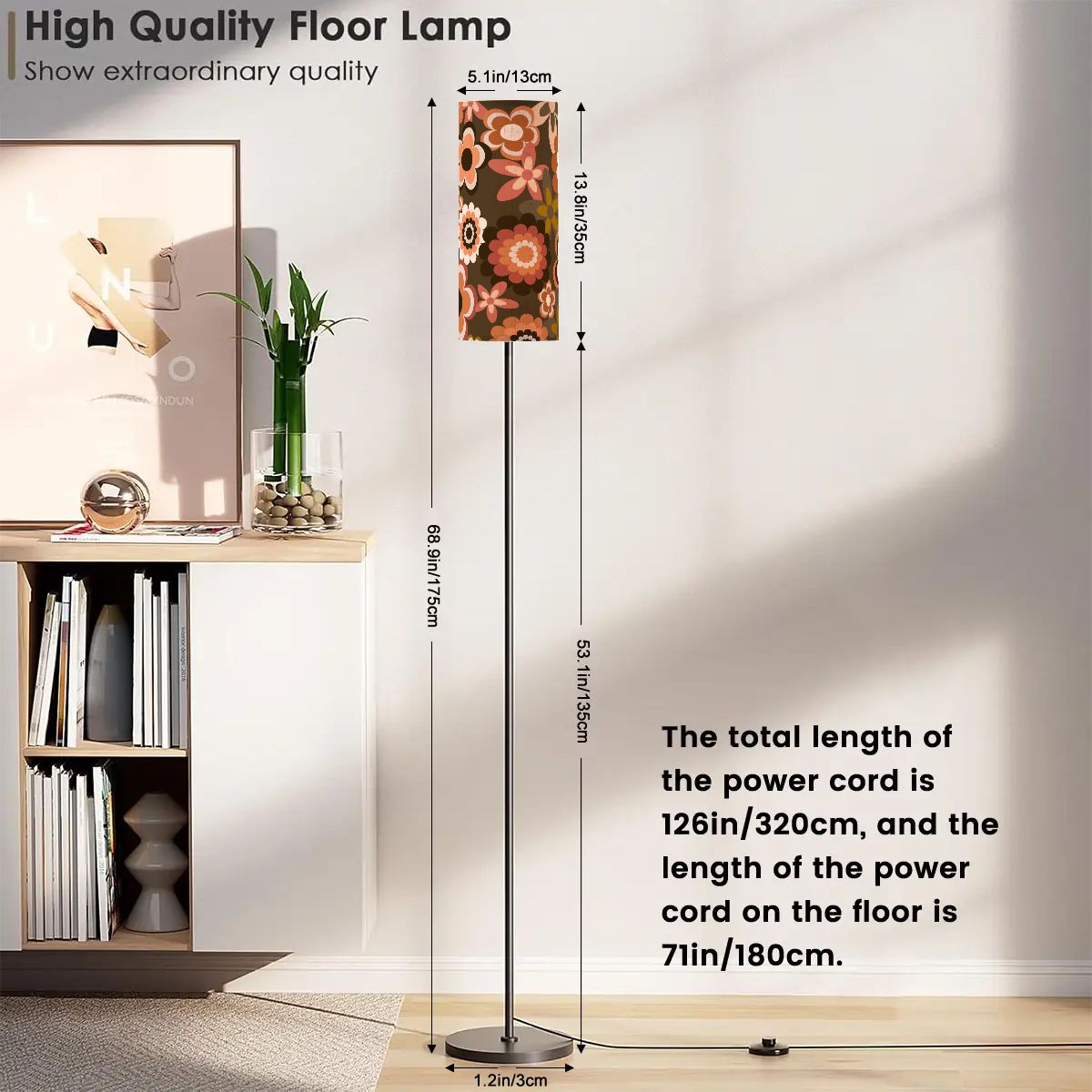 Retro 60s 70s Groovy Flowers Boho MCM Brown Floor Lamp