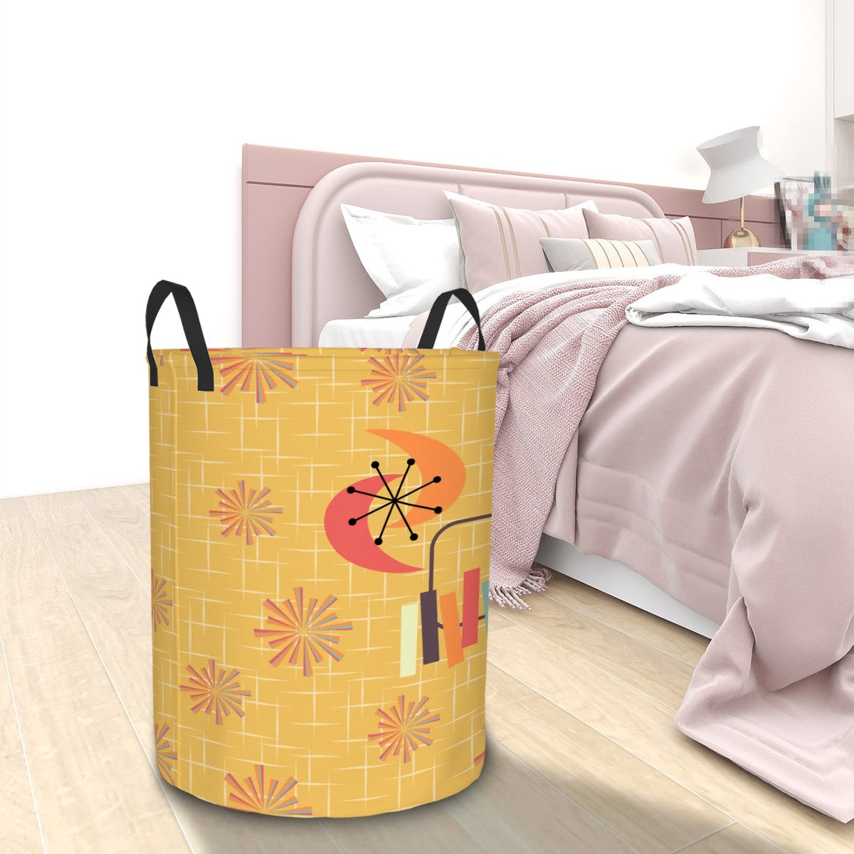 Retro 50s Atomic Cat & Starbursts Yellow Mid Century Mod Round Laundry Hamper