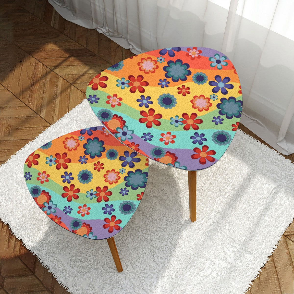 Groovy 60s 70s Hippie Flowers Retro Mid Century Mod Rainbow Nesting Accent Tables
