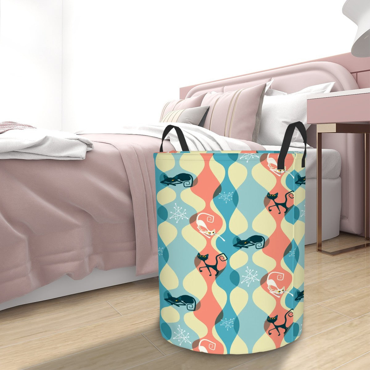 Retro 50s Atomic Cats Kitschy Groovy Multicolor Mid Century Modern Round Laundry Hamper