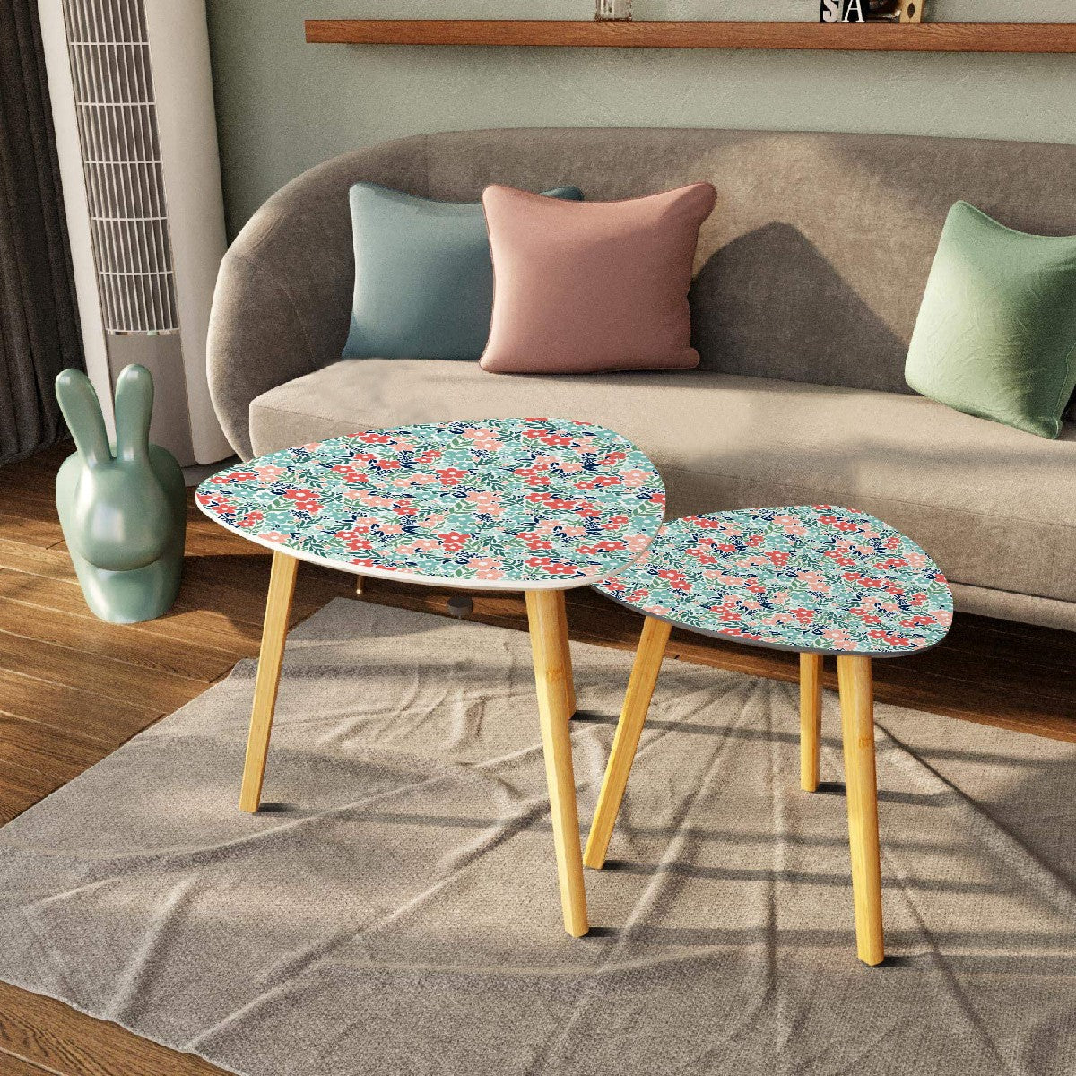 Retro Minimalist Scandi Flowers Cottagecore MCM Vintage Inspired Coral & Teal Nesting Accent Tables
