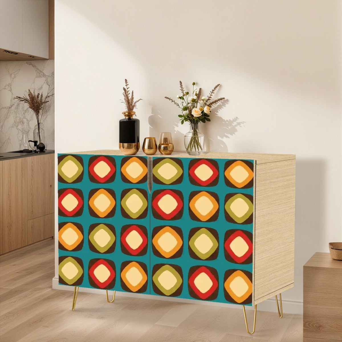Retro 60s, 70s Mod Squares Multicolor Mid Century Modern Sideboard, Credenza, Wooden Storage Cabinet
