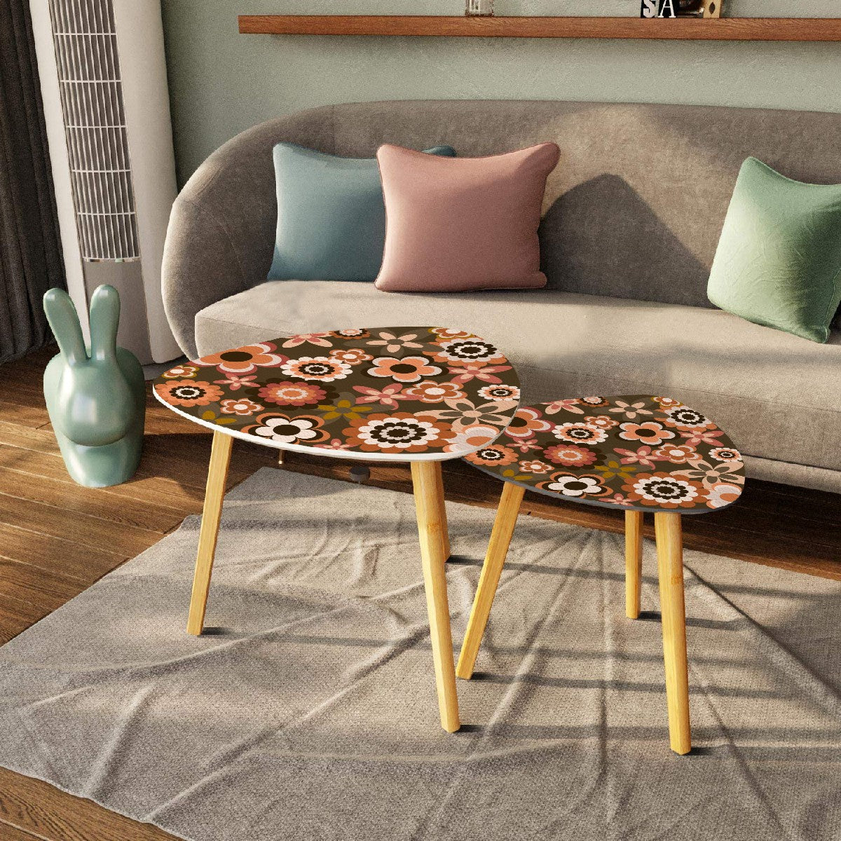 Retro 60s 70s Groovy Flowers Boho MCM Brown Nesting Accent Tables