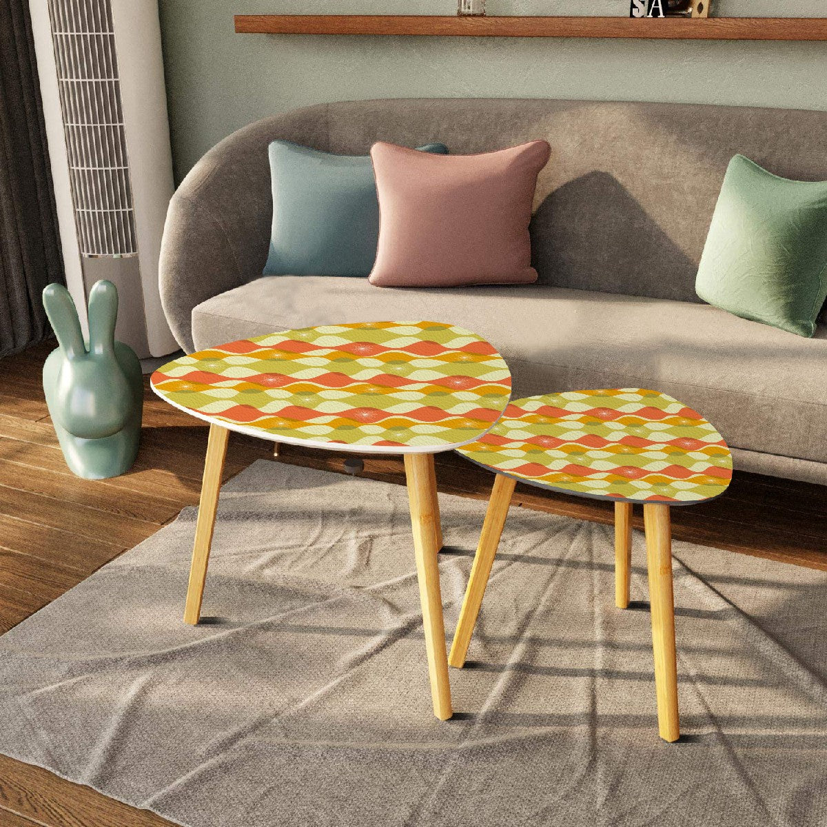 Retro 60s 70s Mid Century Mod Abstract Green, Orange & Mustard Nesting Accent Tables