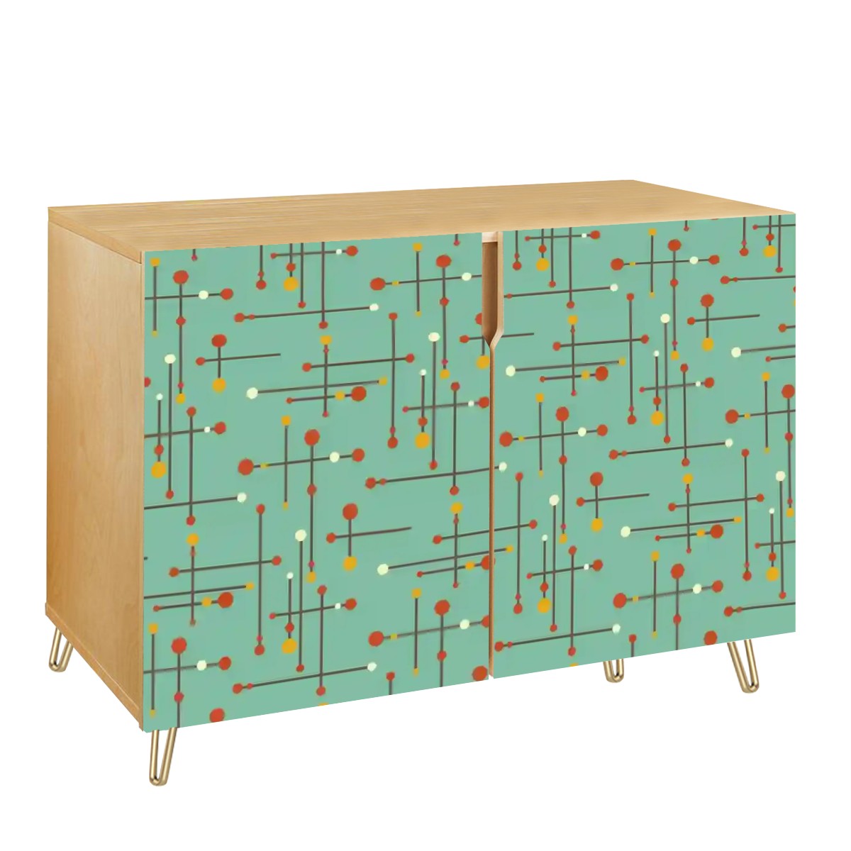 Retro 50's Eames Inspired Mid Century Mod Lines Teal Blue Sideboard, Credenza, Wooden Storage Cabinet