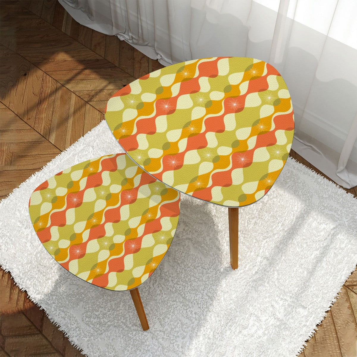 Retro 60s 70s Mid Century Mod Abstract Green, Orange & Mustard Nesting Accent Tables