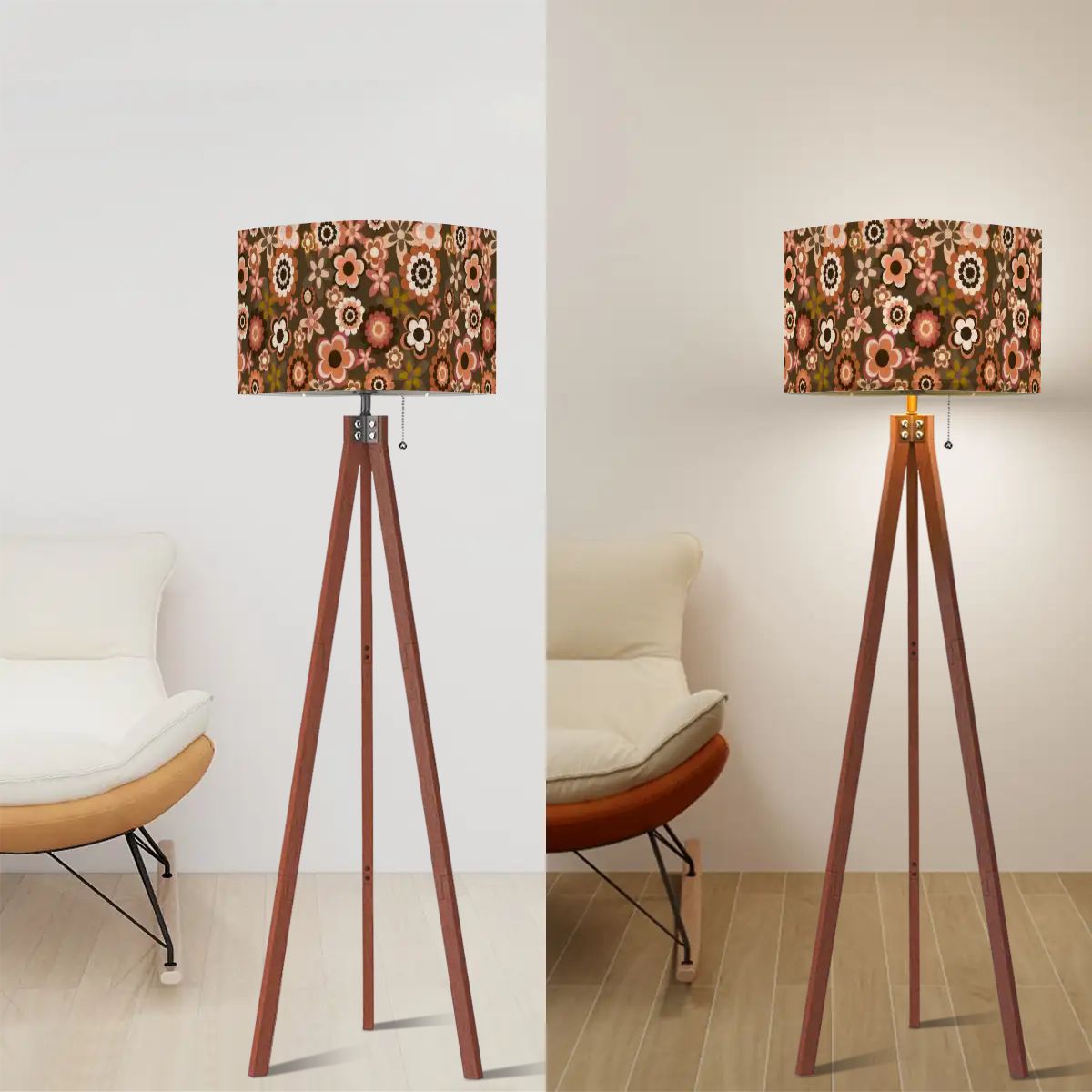 Retro 60s 70s Groovy Flowers Boho MCM Brown Tripod Floor Lamp