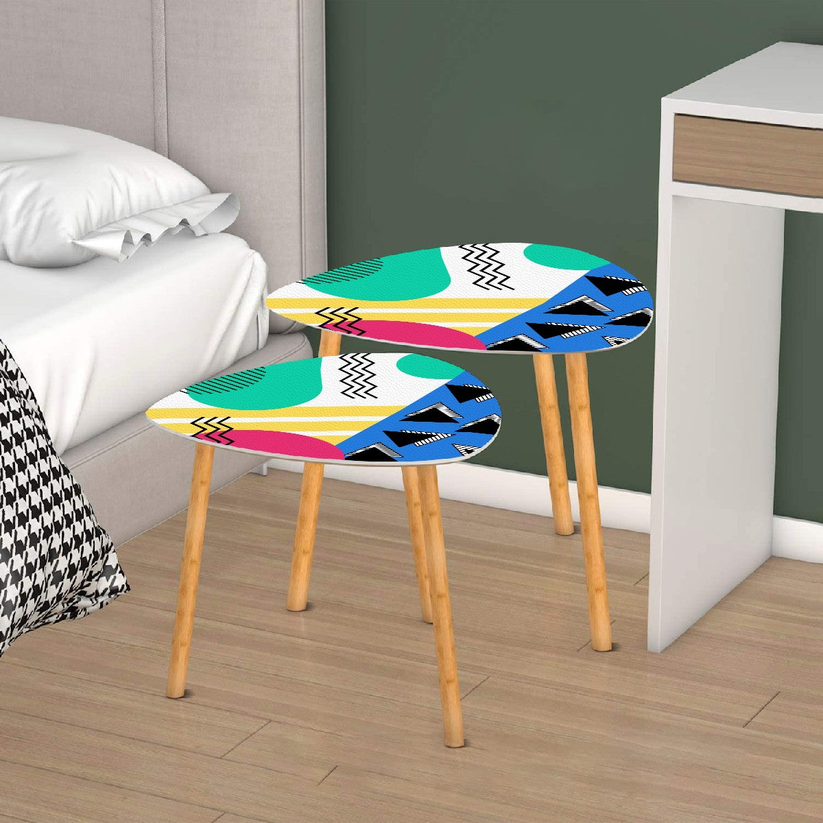 Retro 80's 90's Memphis Inspired Geometric, Kitschy, Throwback Aesthetic Colorful Nesting Accent Tables