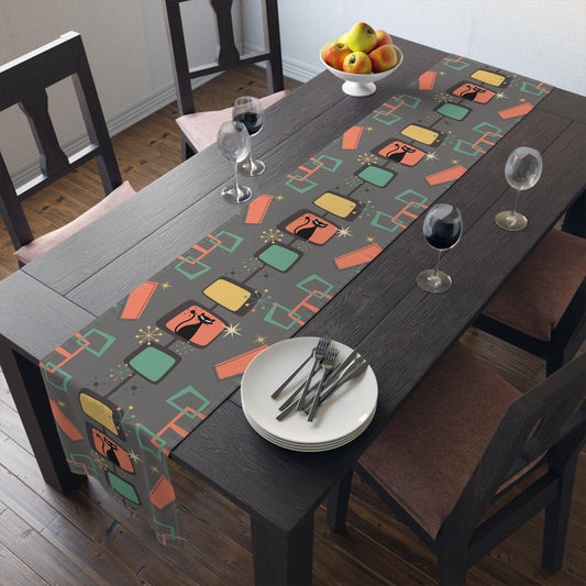 Retro 50s Atomic Cat Gray, Coral & Green MCM Table Runner | lovevisionkarma.com