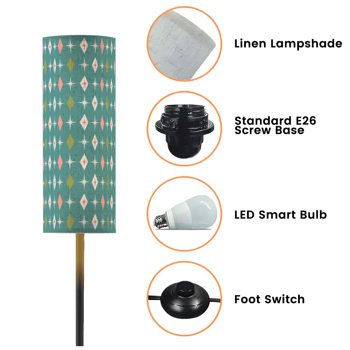 Retro 50s Atomic Burst & Diamond Mid Century Mod Teal, Pink & Green Floor Lamp