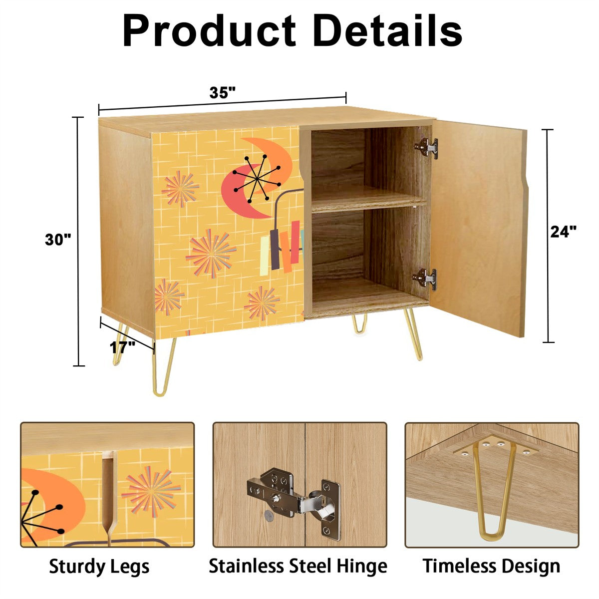 Retro Atomic Cat & 50's Starbursts Yellow Mid Century Modern Sideboard, Credenza, Wooden Storage Cabinet