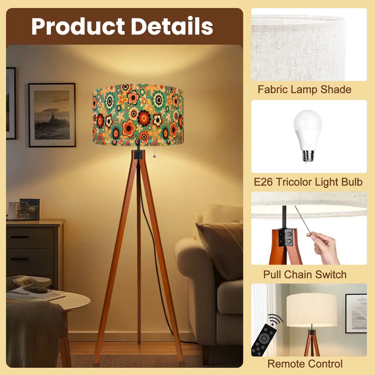 Retro 60s 70s Groovy Flowers Boho MCM Blue, Coral & Yellow Tripod Floor Lamp