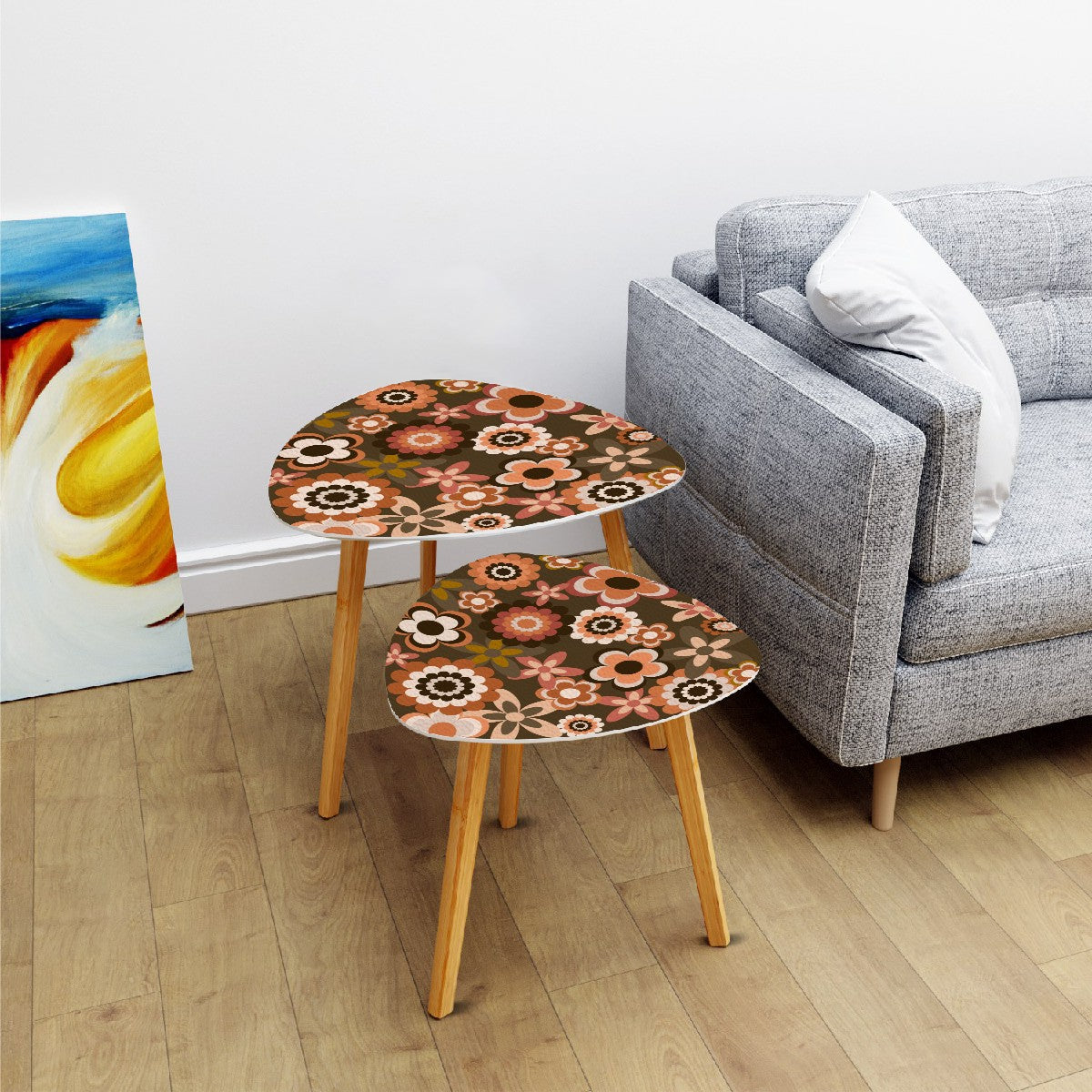 Retro 60s 70s Groovy Flowers Boho MCM Brown Nesting Accent Tables