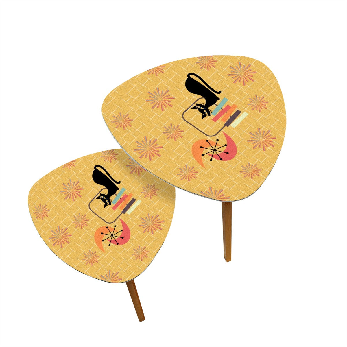 Retro Atomic Cat & 1950's Starbursts Mid Century Mod Yellow Nesting Tables