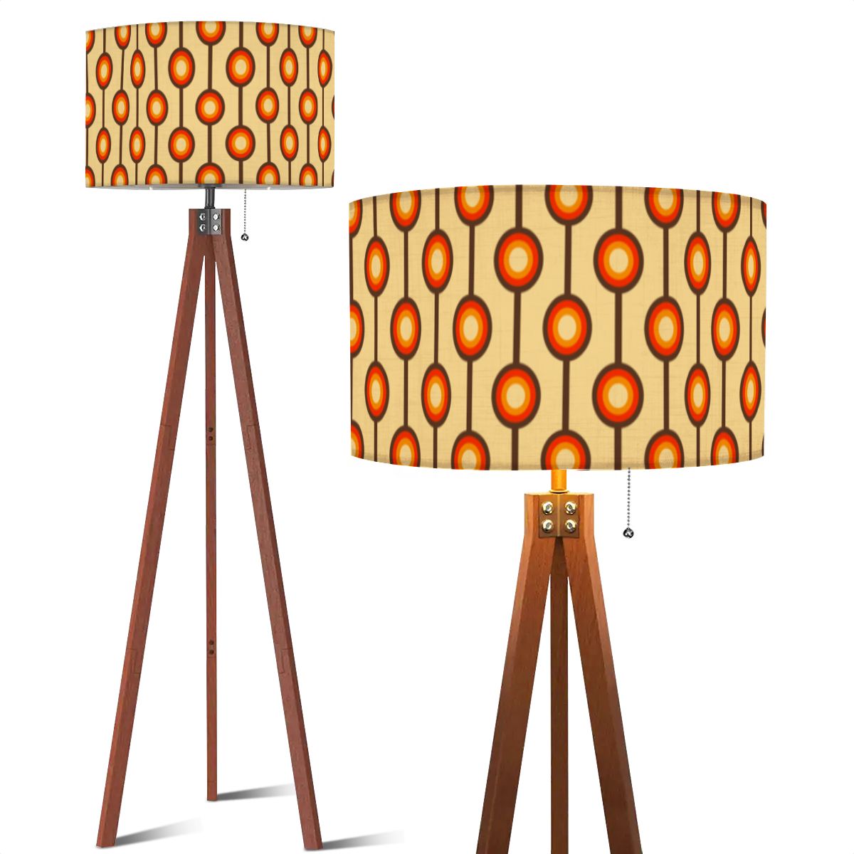 Retro 60s 70s Funky Mid Century Mod Geo Brown, Orange & Beige Tripod Floor Lamp