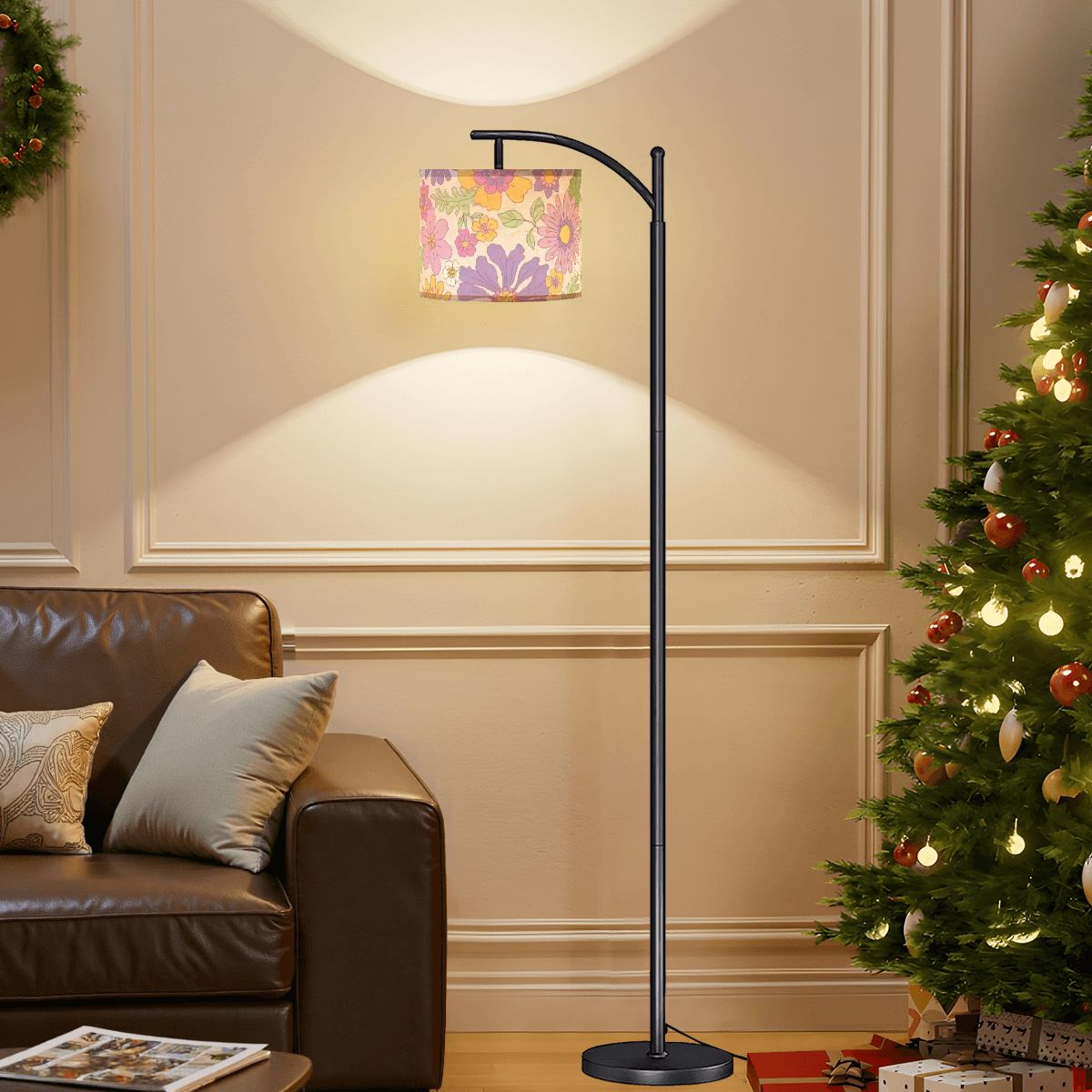 Retro 60s 70s Groovy Boho Flowers Pink, Yellow & Purple Mid Century Modern Arc Floor Lamp