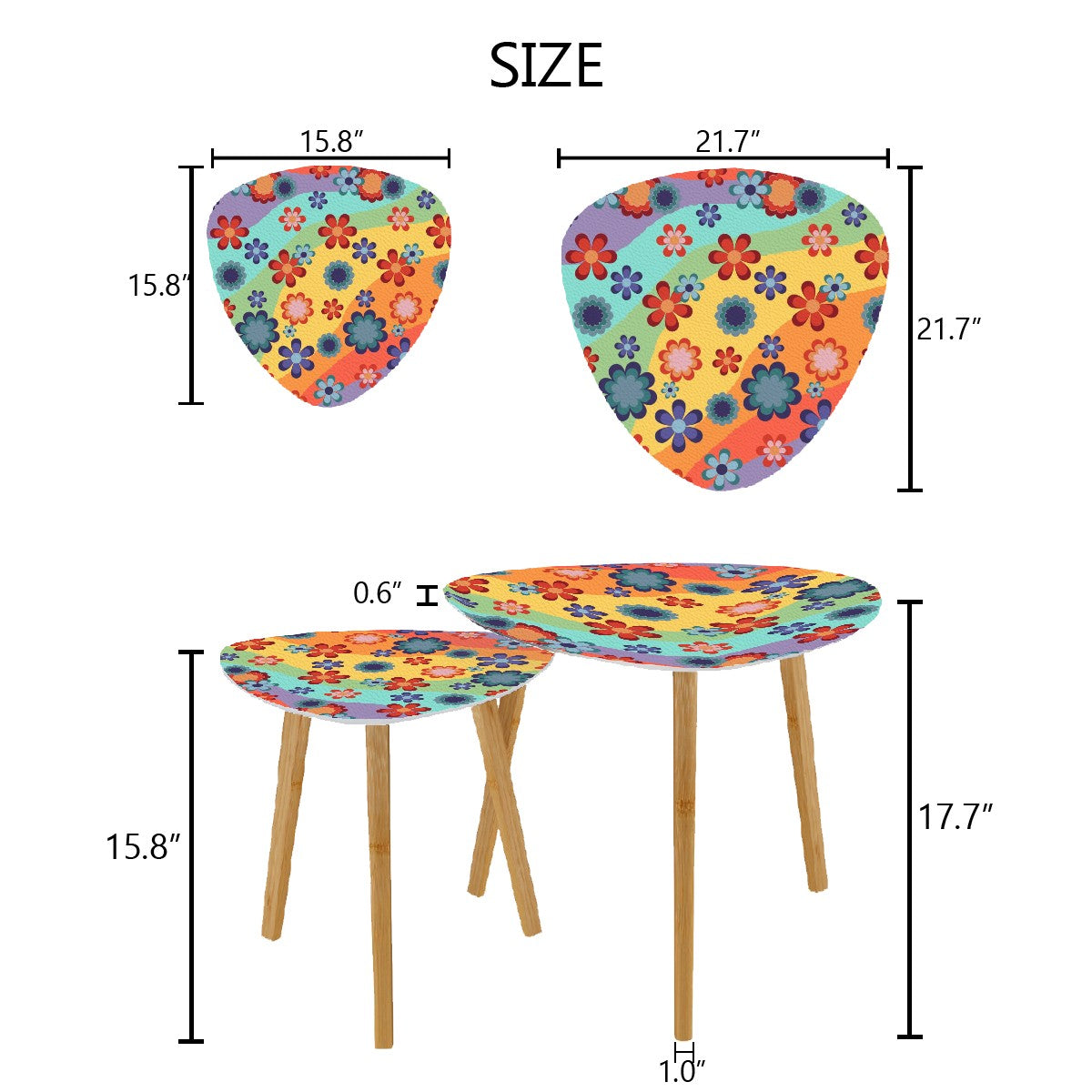 Groovy 60s 70s Hippie Flowers Retro Mid Century Mod Rainbow Nesting Accent Tables