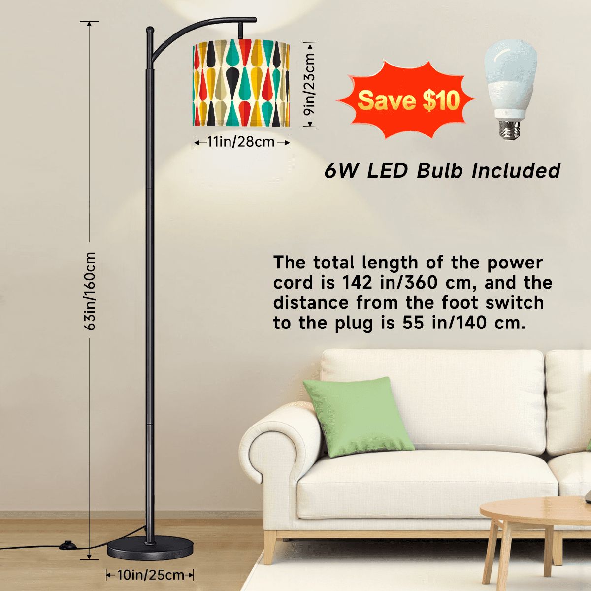 Retro 50s Mid Century Mod Bold Geometric Multicolor Arc Floor Lamp