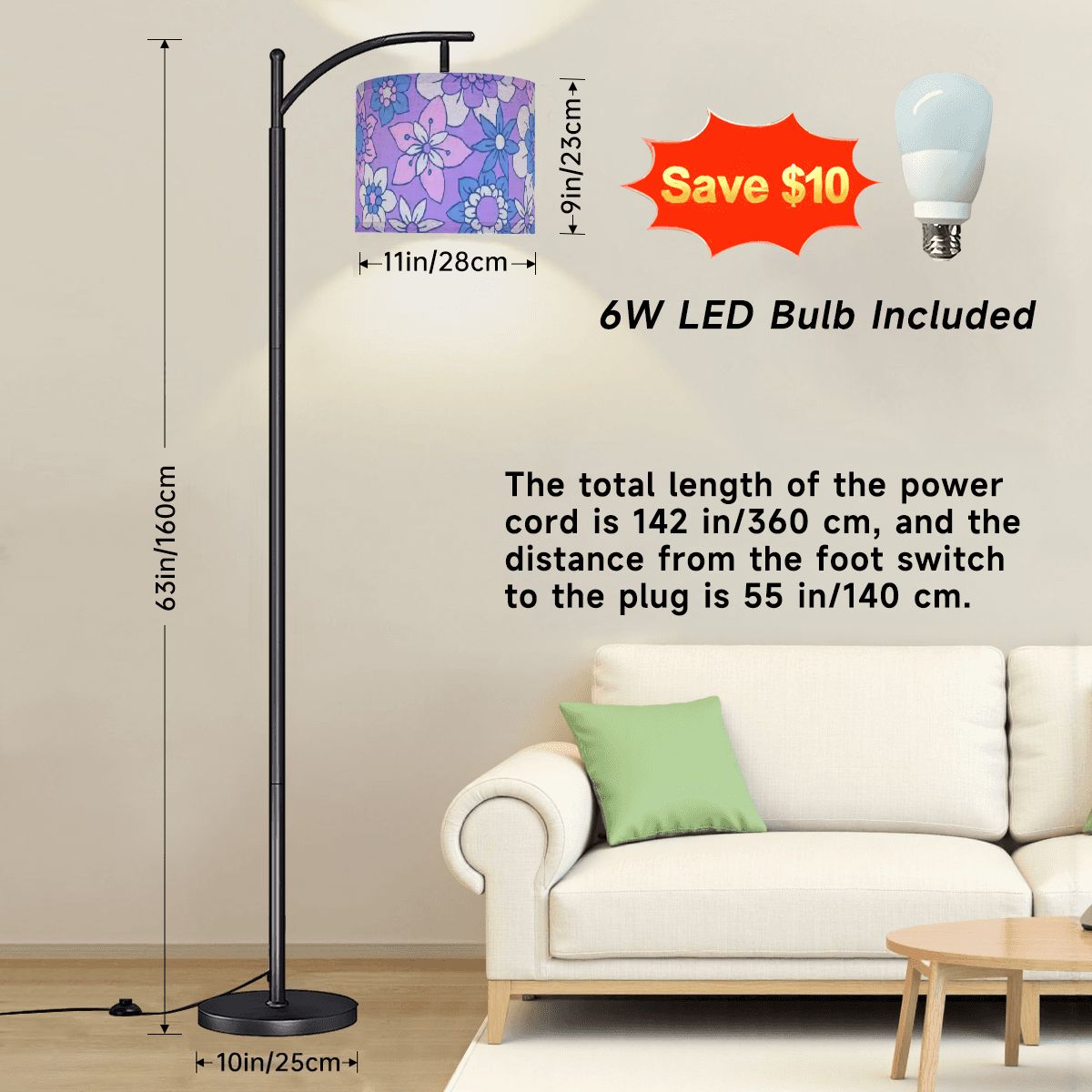 Retro 60s 70s Groovy Boho Flowers Purple & Blue Mid Century Modern Arc Floor Lamp