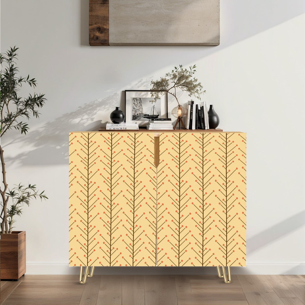 Retro 50s Mid Century Mod, Minimalist Scandi Trees, Vines Yellow Beige Sideboard, Credenza, Wooden Storage Cabinet