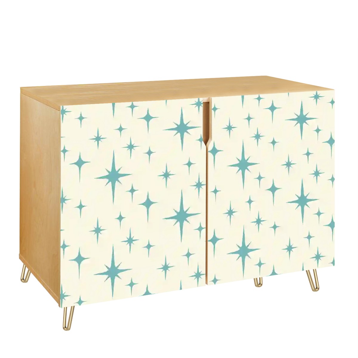 Retro 50s Atomic Starburst Mid Century Modern Blue and Off-White Sideboard, Credenza, Wooden Storage Cabinet
