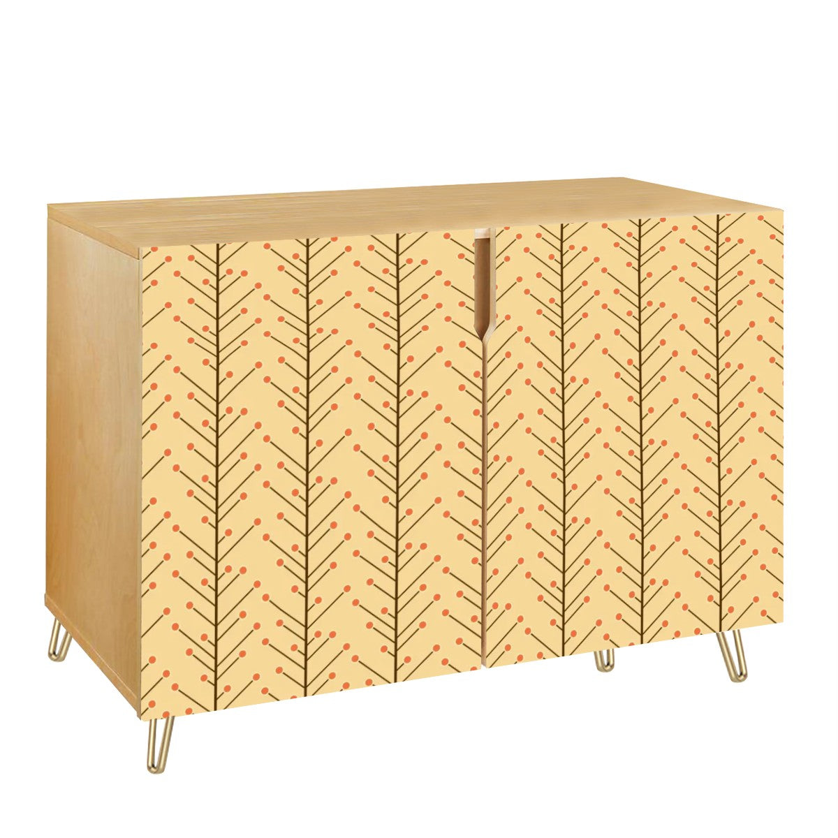 Retro 50s Mid Century Mod, Minimalist Scandi Trees, Vines Yellow Beige Sideboard, Credenza, Wooden Storage Cabinet
