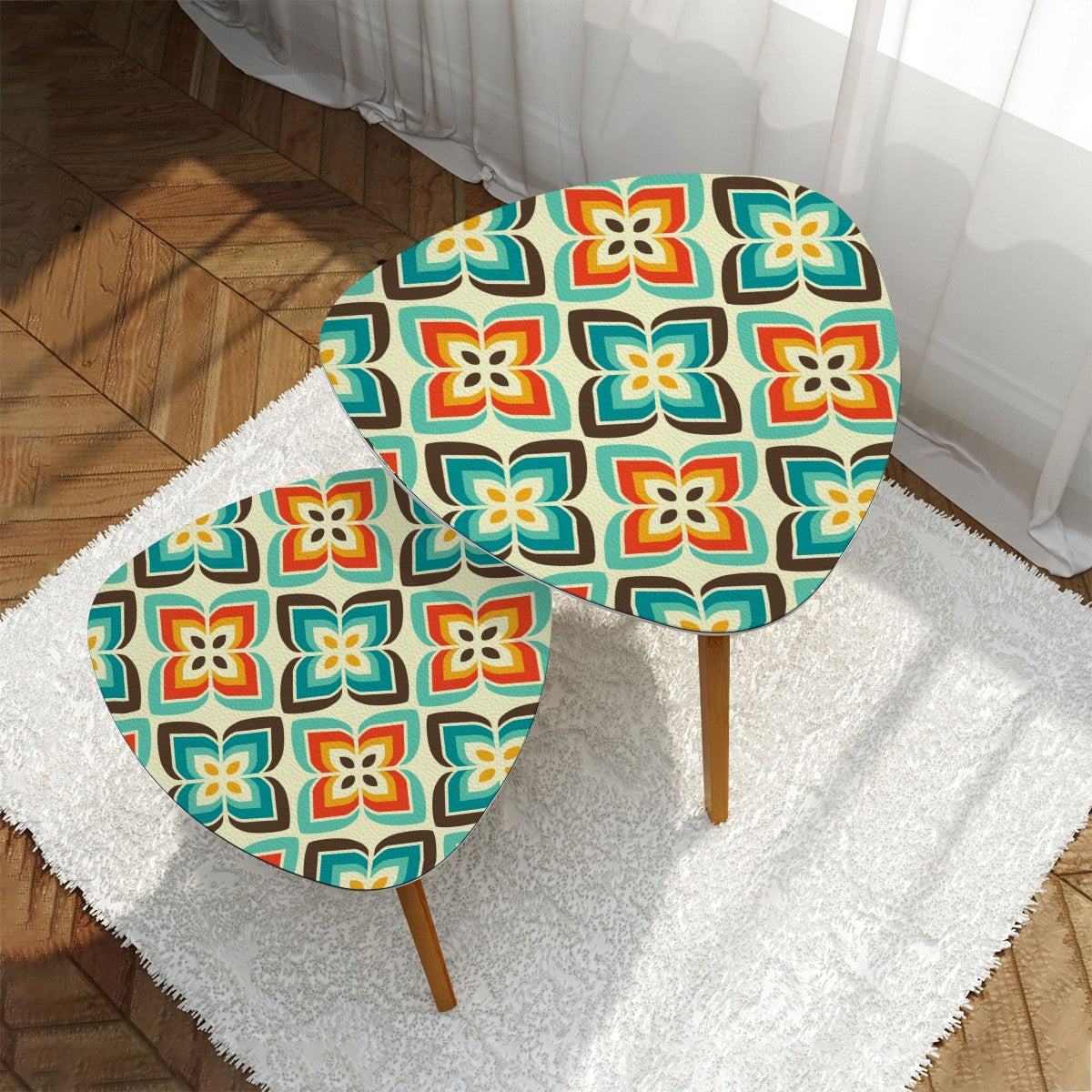 Retro 50s 60s Flowers Mid Century Mod Blue and Orange Nesting Tables
