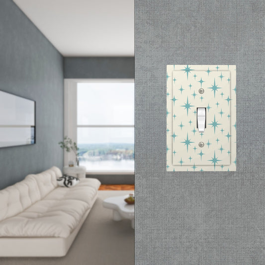 Retro 50s Atomic Starburst Mid Century Mod Blue and Off-White Single Toggle Light Switch Cover (1-Gang Wall Plate)