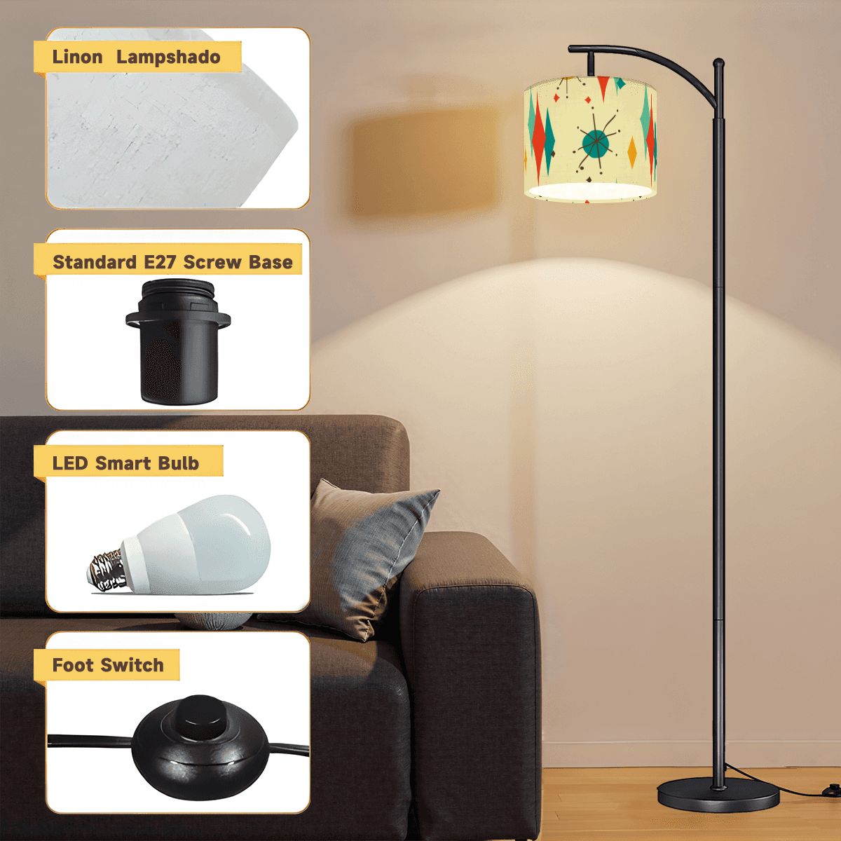 Retro 1950's Atomic Diamond and Starburst Mid Century Modern Arc Floor Lamp