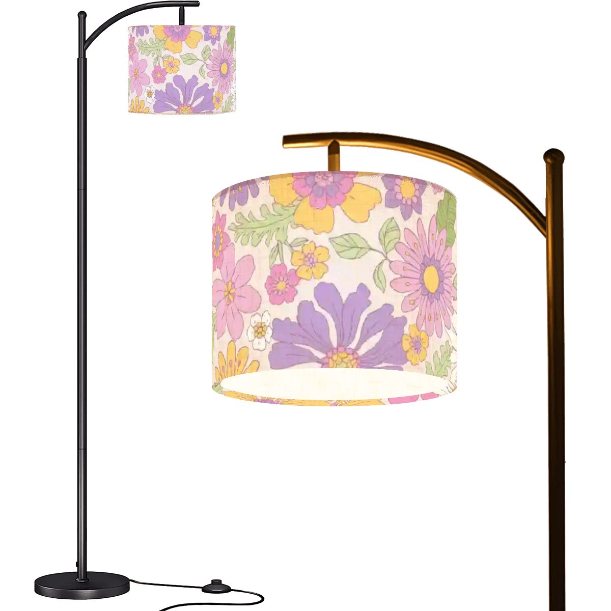 Retro 60s 70s Groovy Boho Flowers Pink, Yellow & Purple Mid Century Modern Arc Floor Lamp