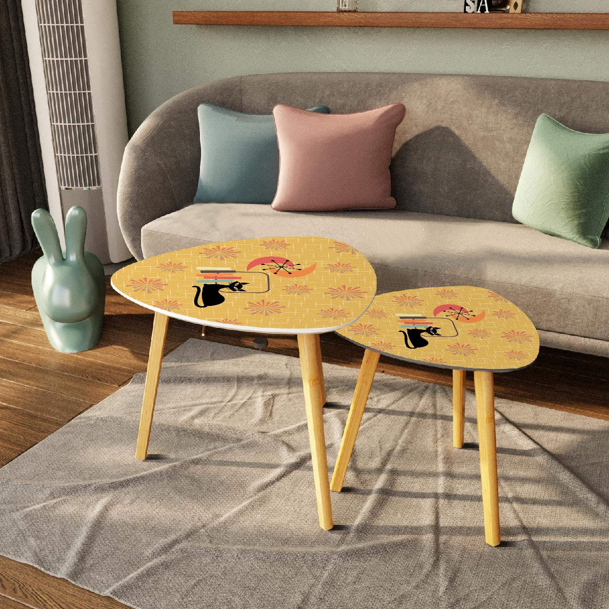 Retro Atomic Cat & 1950's Starbursts Mid Century Mod Yellow Nesting Tables
