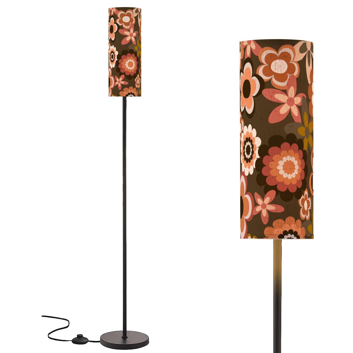 Retro 60s 70s Groovy Flowers Boho MCM Brown Floor Lamp