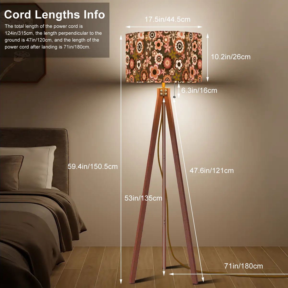 Retro 60s 70s Groovy Flowers Boho MCM Brown Tripod Floor Lamp