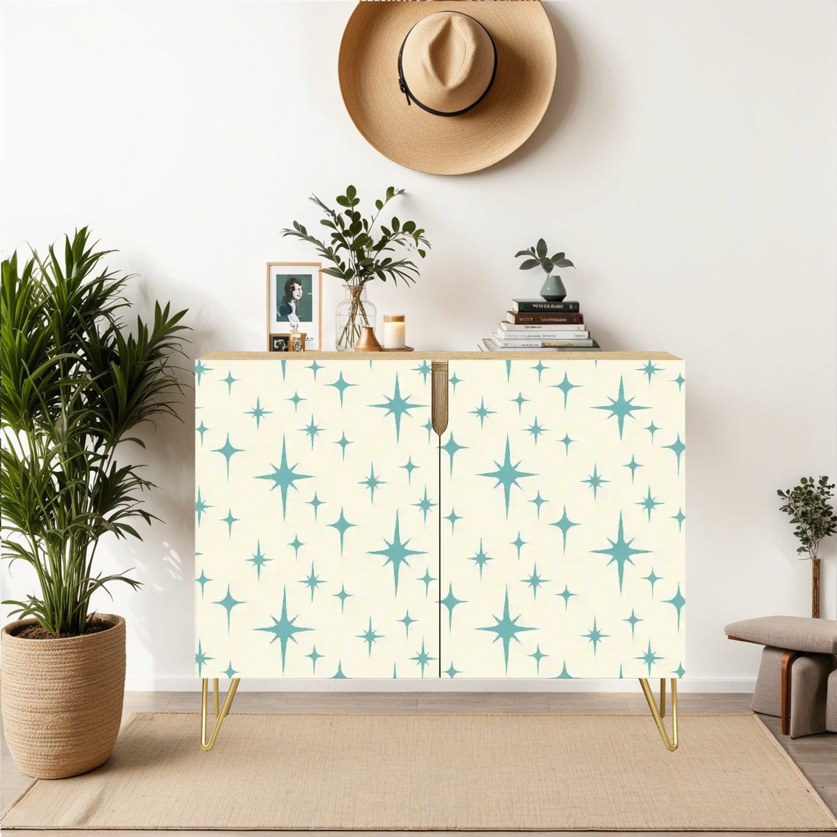 Retro 50s Atomic Starburst Mid Century Modern Blue and Off-White Sideboard, Credenza, Wooden Storage Cabinet