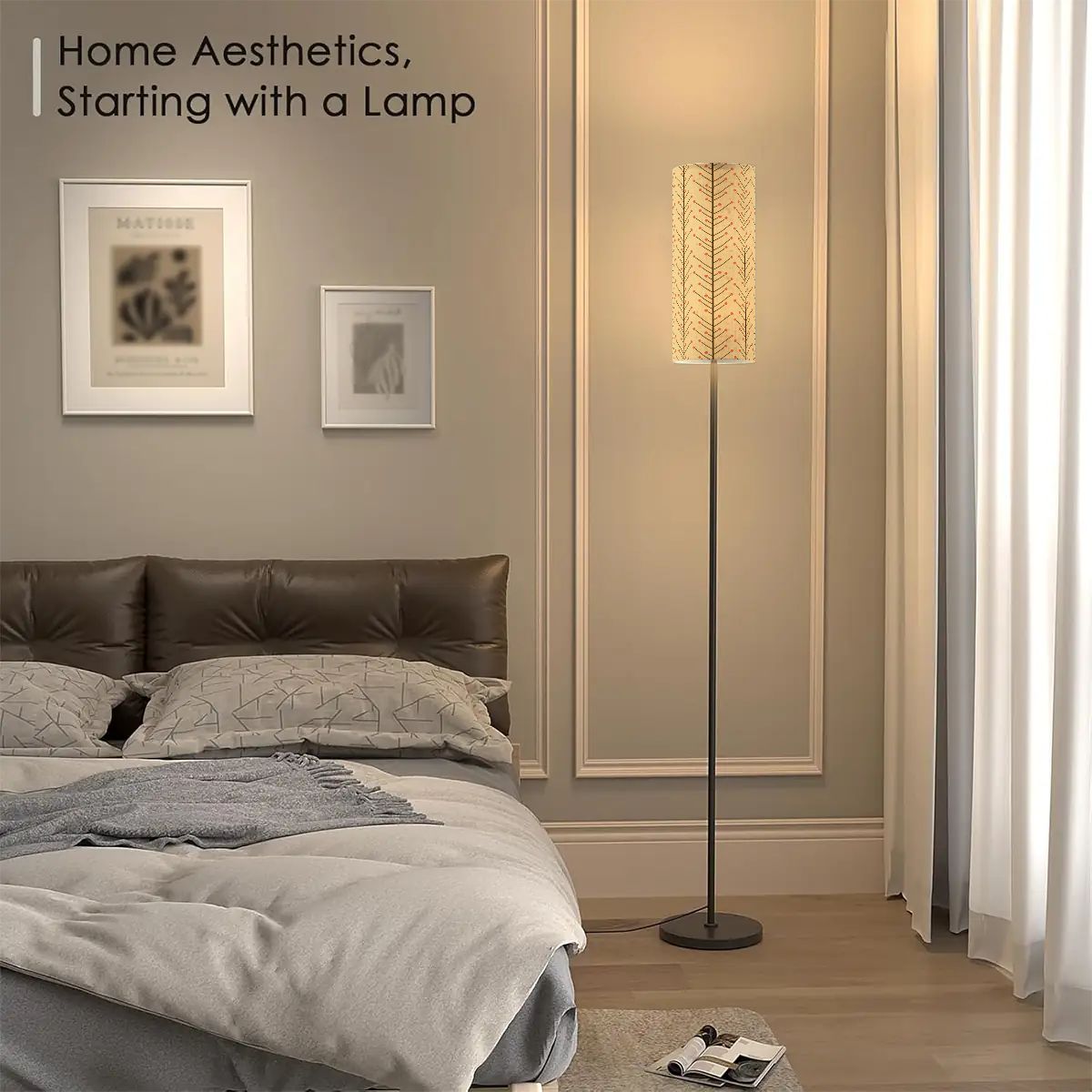 Retro 50s Mid Century Mod, Minimalist Scandi Trees, Vines Yellow Beige Floor Lamp