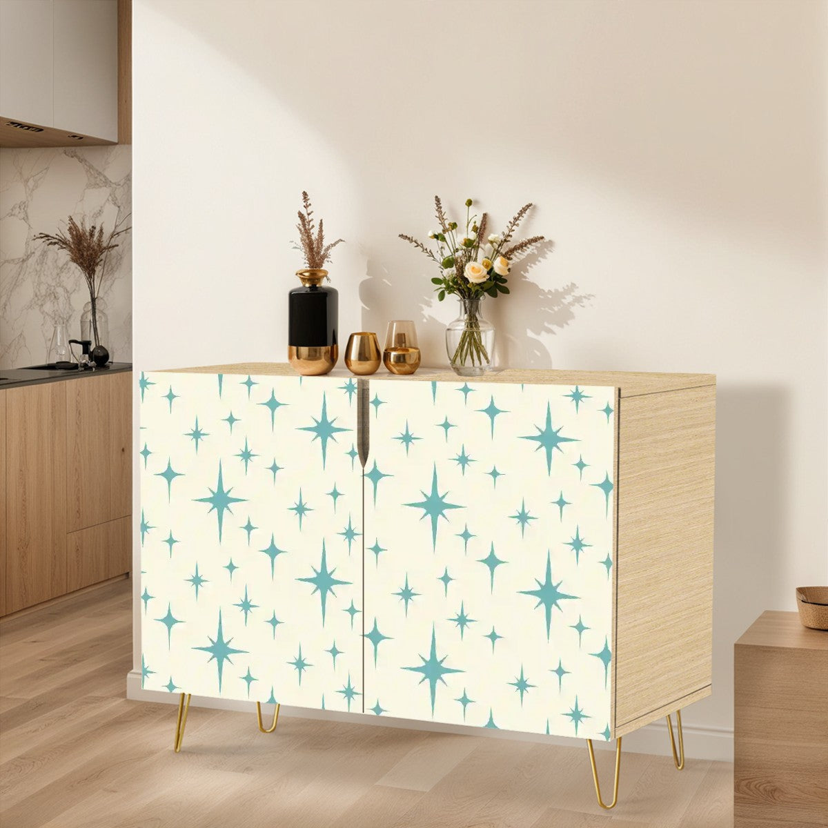 Retro 50s Atomic Starburst Mid Century Modern Blue and Off-White Sideboard, Credenza, Wooden Storage Cabinet