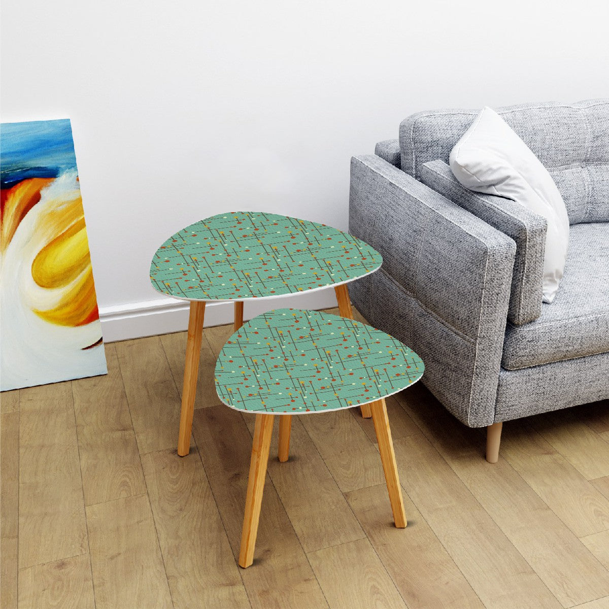 Retro 50's Eames Inspired Mid Century Mod Lines Teal Blue Nesting Accent Tables