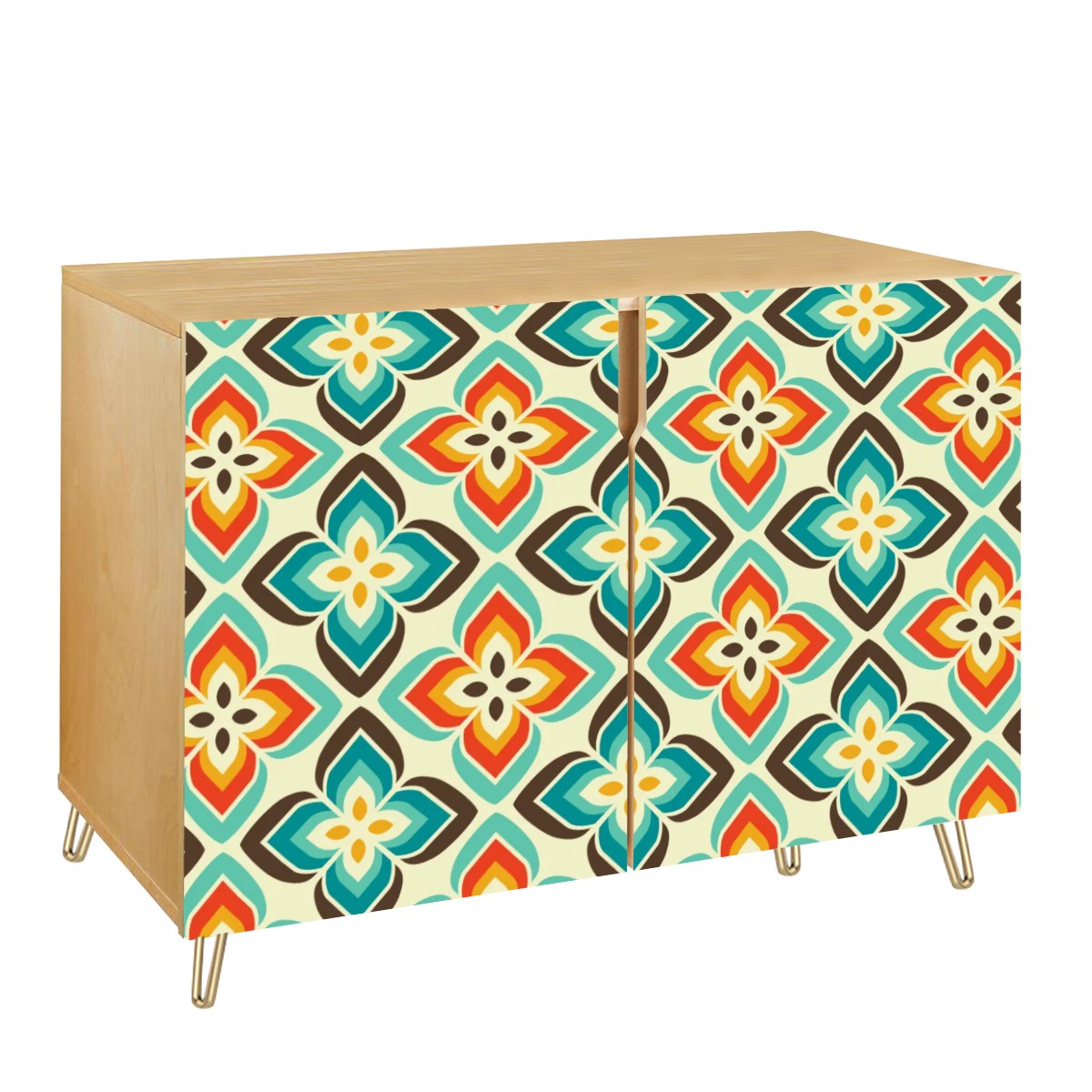 Retro 50's 60's Flowers Mid Century Mod Vintage Inspired Orange & Blue Sideboard, Credenza, Wooden Storage Cabinet
