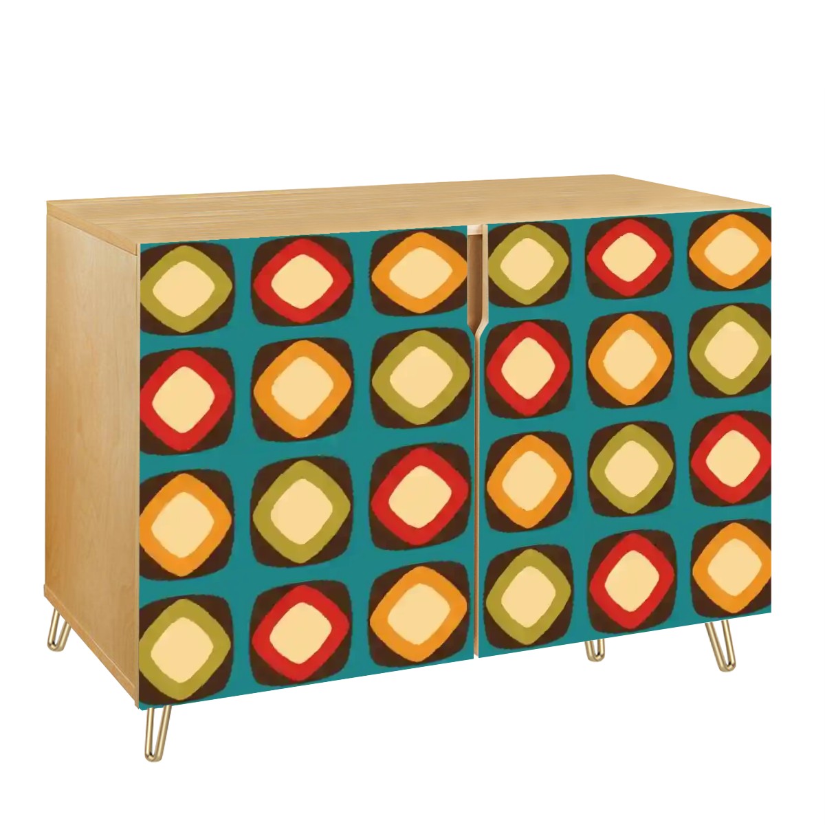 Retro 60s, 70s Mod Squares Multicolor Mid Century Modern Sideboard, Credenza, Wooden Storage Cabinet